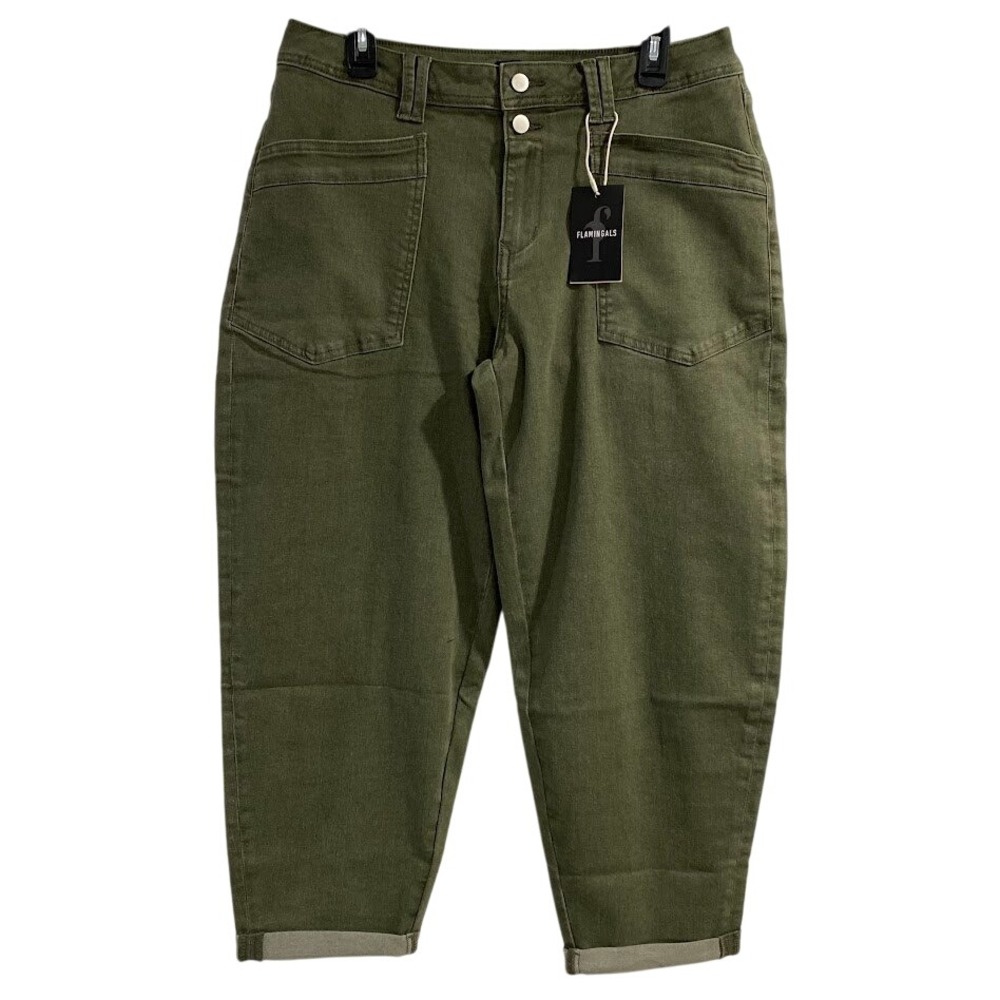 FLAMINGALS Women Olive Green Cargo Cropped Tapered Fit High Rise Button Fly XL